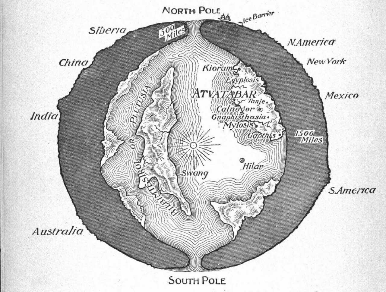 Gambar penampang planet Bumi yang menunjukkan "Dunia Interior" Atvatabar, dari novel fiksi ilmiah William R. Bradshaw tahun 1892 The Goddess of Atvatabar
