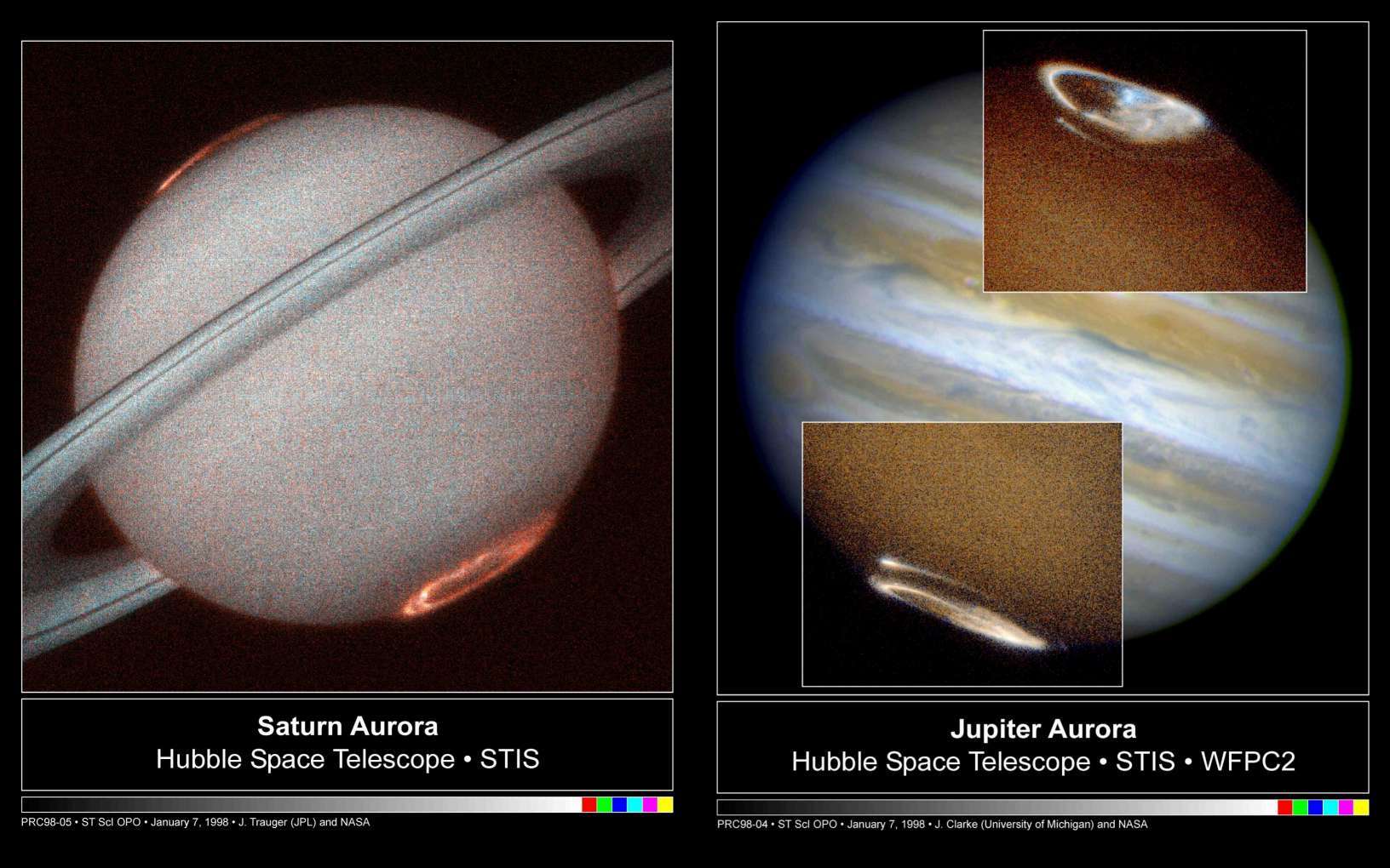 Тут вы можаце ўбачыць фатаграфіі планеты Сатурн і Юпітэр, зробленыя НАСА з двума палярнымі дзіркамі