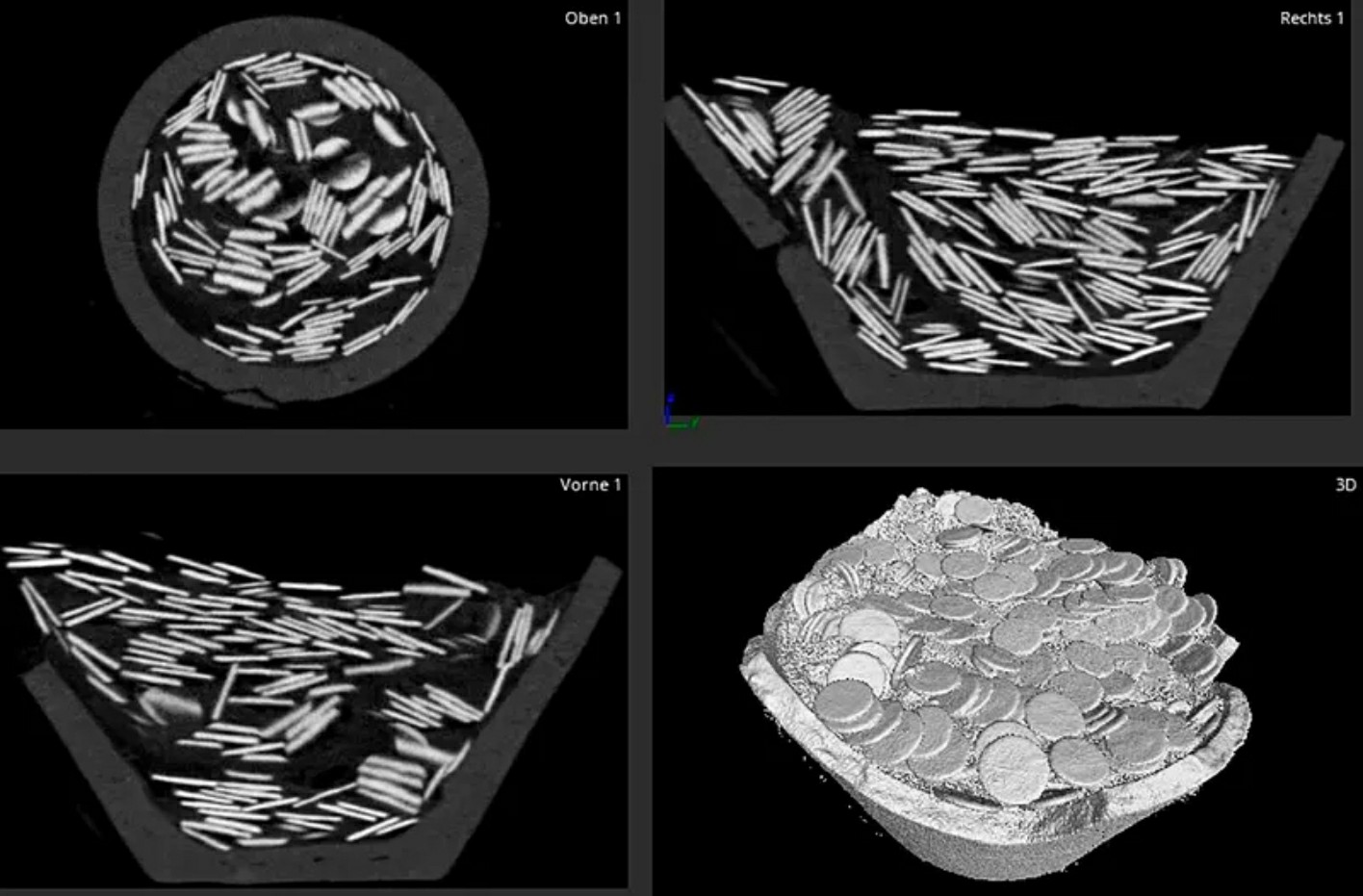 Instituti Federal i Testimit dhe Kërkimit të Materialeve ia nënshtroi gjetjen tomografisë kompjuterike dhe analizoi përbërjen e monedhave. Tomografia zbuloi gjithashtu rripin e lëkurës së lopës që ndante monedhat në dysh.