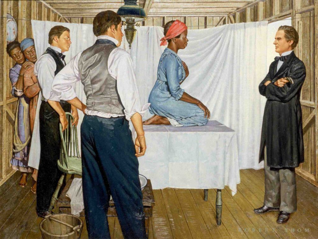 This painting by Robert Thom, part of the Great Moments in Medicine series, is the only known representation of Lucy, Anarcha, and Betsey, the three enslaved women Sims operated upon.