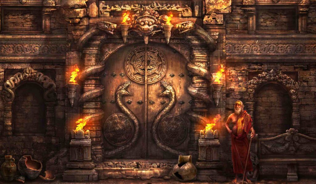 Ang representasyon ng artist ng tinatakan na pinto ng Vault B sa Padmanabhaswamy Temple
