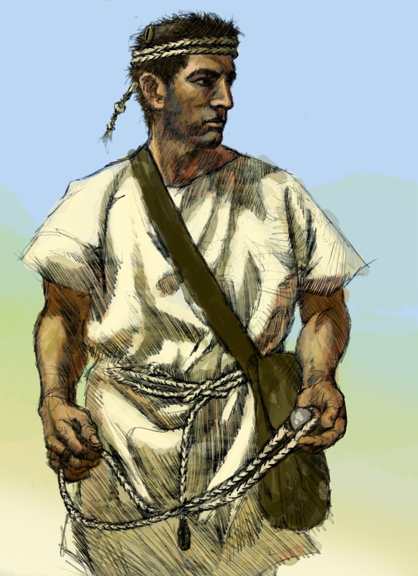 Drawing of a Balearic slinger. He wears a spare sling as a headband and a bag of missiles.