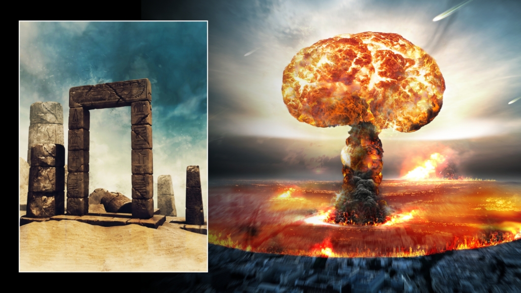 Illustrazioni dell'esplosione atomica e dell'antica rovina nel deserto. © Crediti immagine: Obsidianfantacy & Razvan lonut Dragomirescu | Concesso in licenza da DreamsTime.com (foto d'archivio per uso editoriale/commerciale)