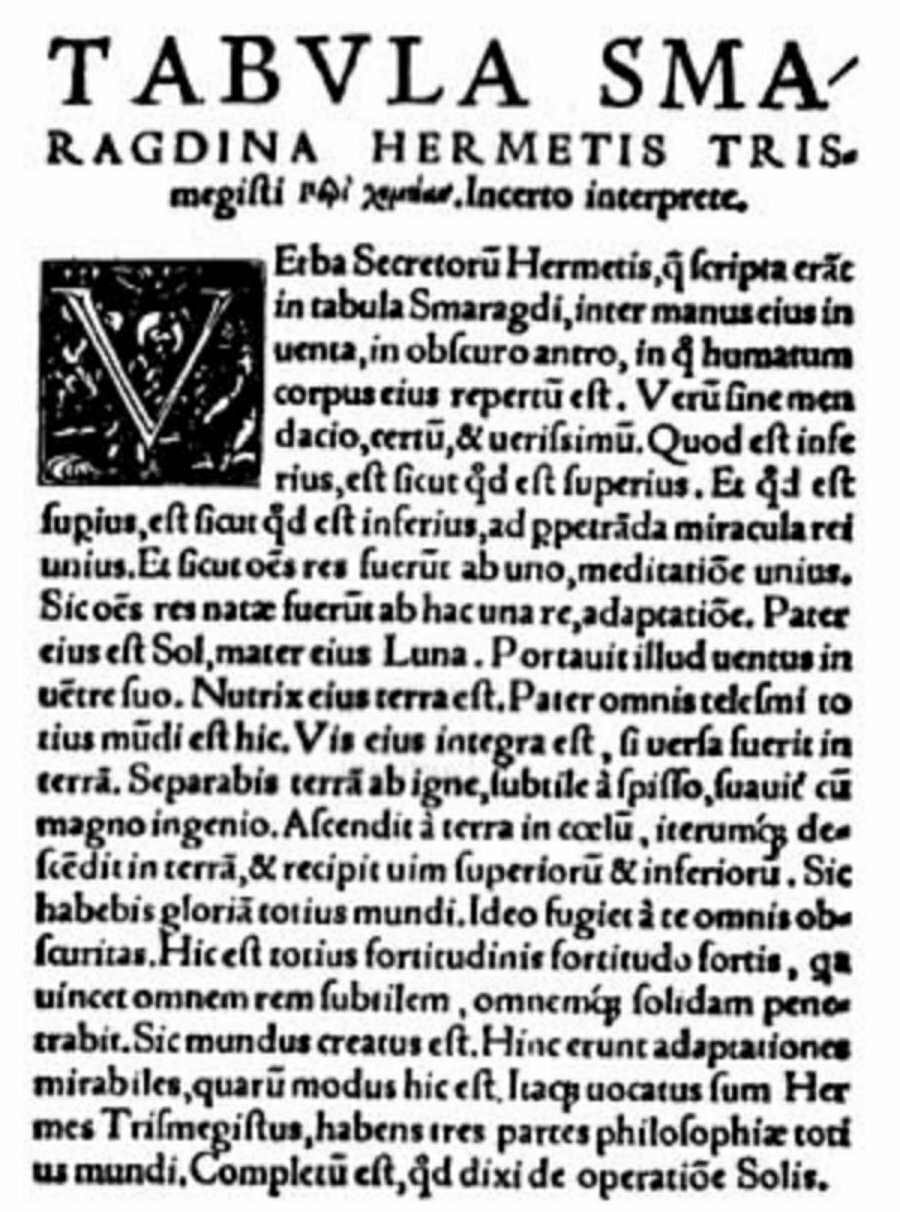 Latäin Text vun der Smaragd Tablet, vum Johannes Petreius, De Alchemia, Nürnberg, 1541.