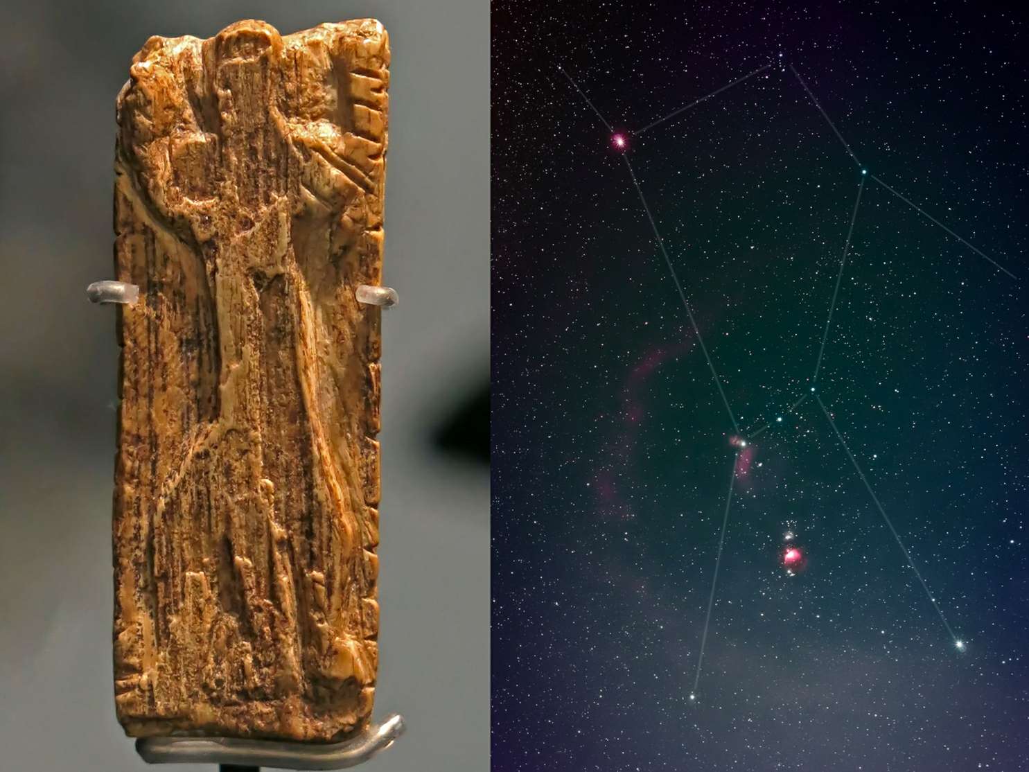 The oldest image of a star pattern, that of the famous constellation of Orion, has been recognised on an ivory tablet some 32,500 years old. The tiny sliver of mammoth tusk contains a carving of a man-like figure with arms and legs outstretched in the same pose as the stars of Orion.