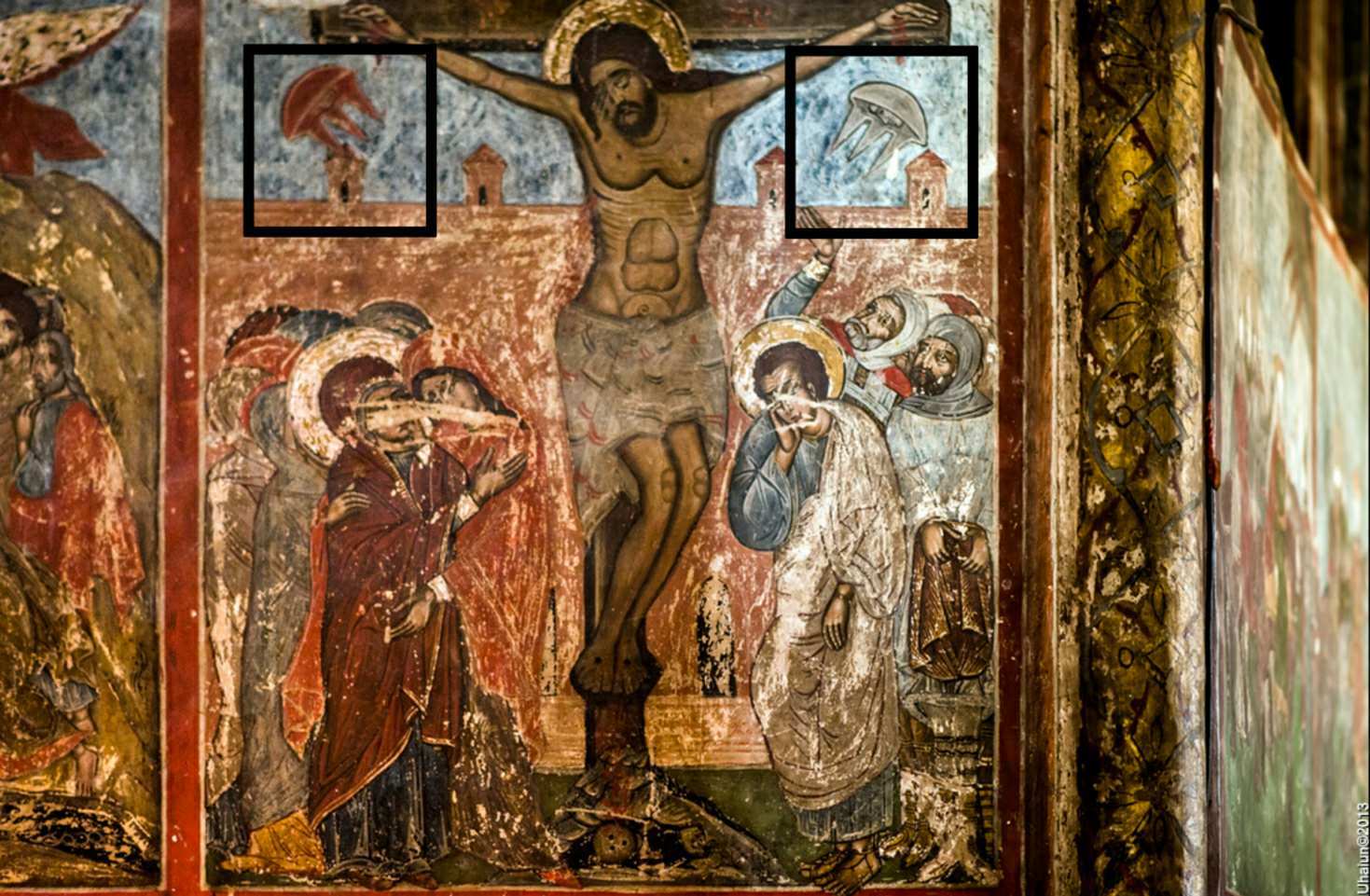 De kruisiging fresco van de Svetitskhoveli kathedraal, Mtskheta, Georgië