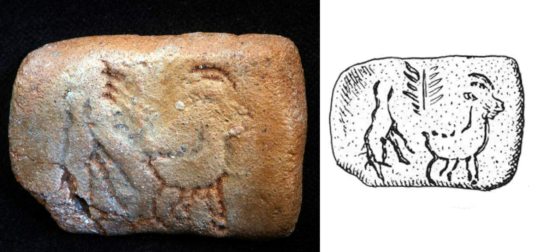 Una de las tablillas muestra dos animales (¿cabras?) Y un árbol, lo que sugiere un sacrificio en celebración del regreso de una nueva vida, finales del sexto milenio ac. 5300-5000