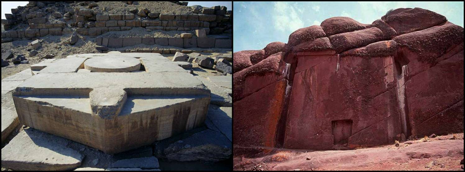 Abu Ghurab en Egiptujo (maldekstre) kaj La Puerta de Hayu Marka en Peruo (dekstre)