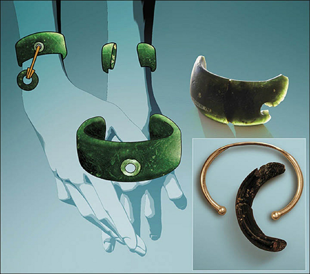 General reconstruction of the view of the bracelet and compraison with the moders bracelet. Pictures: Anatoly Derevyanko and Mikhail Shunkov, Anastasia Abdulmanova