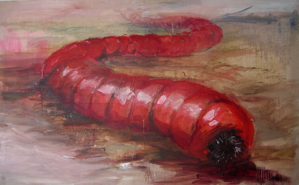 Sebuah interpretasi dari cacing kematian Mongolia oleh pelukis Belgia Pieter Dirkx.