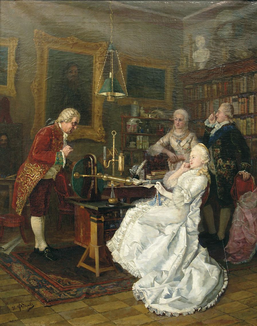 Catherine II of Russia visits Mikhail Lomonosov in 1764. 1884 painting by Ivan Feodorov