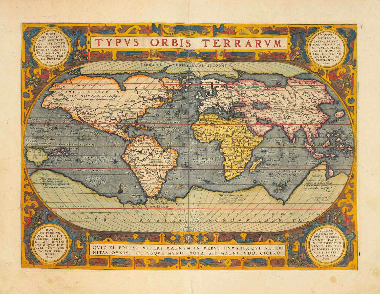 在這幅 1570 年的地圖上，Hyperborea 顯示為北極大陸，並被描述為“Terra Septemtrionalis Incognita”（未知的北方土地）。