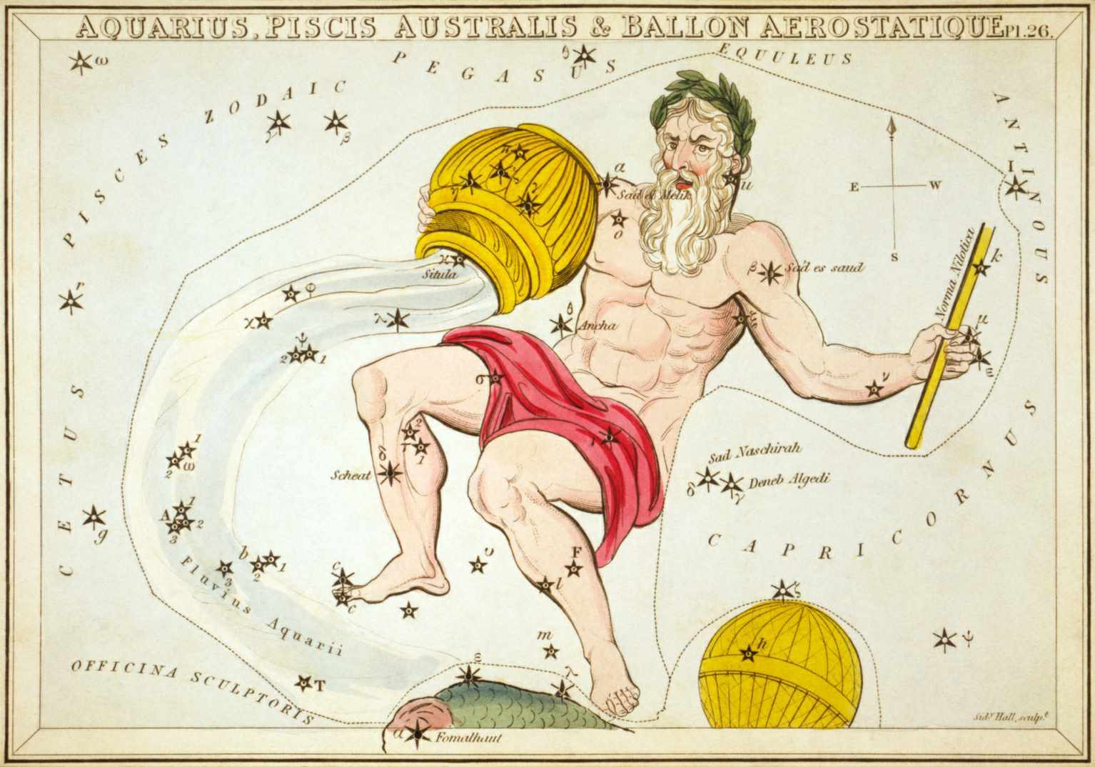 "Aquarius, Piscis Australis & Ballon Aerostatique", plaat 26 in Urania's Mirror, een set hemelse kaarten vergezeld van een bekende verhandeling over astronomie Joshaphat Aspin.