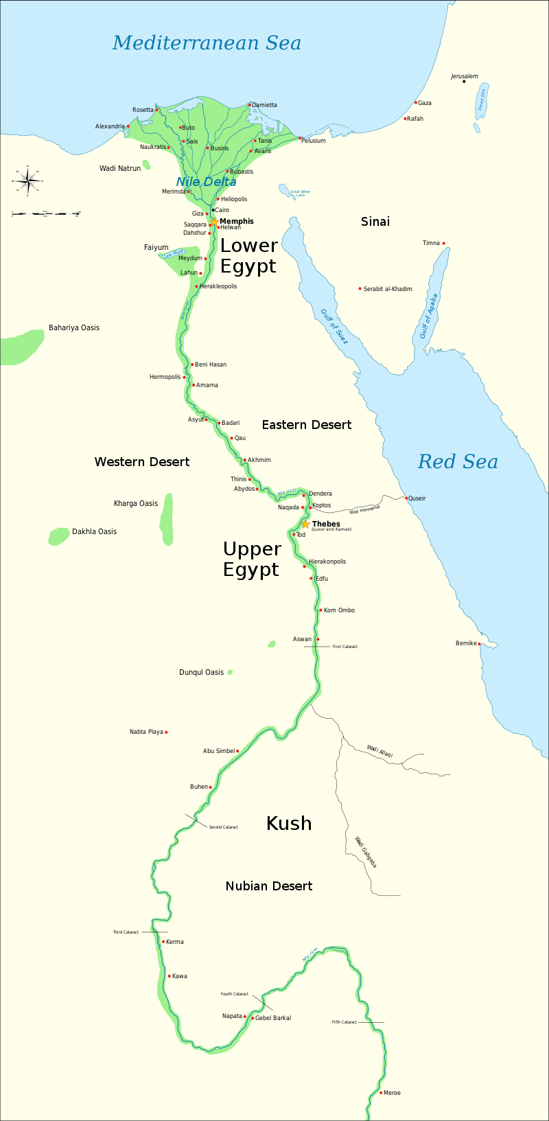 Peta Kush dan Mesir Kuno, menunjukkan Sungai Nil hingga katarak kelima, dan kota-kota besar dan situs dari periode Dinasti Mesir kuno (3150 SM hingga 30 SM) (peta: Jeff Dahl, CC Y-SA 4.0)