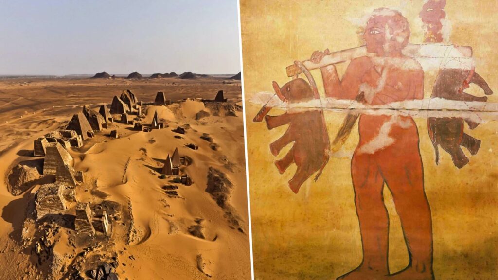 Peinture murale ancienne dans les pyramides nubiennes représentant un 'Géant' portant deux éléphants !! 1