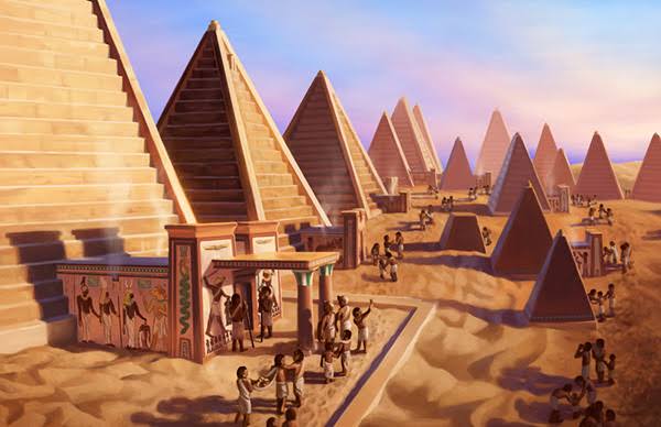 Történelem Művészeti illusztrációk, amelyek a nero piramisok ősi dicsőségét mutatják be Meroë-ban.