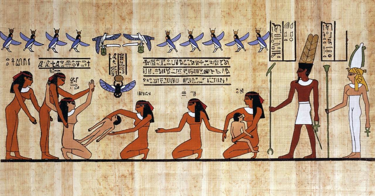 Ancient Egyptian pregnant women giving birth and surrounded by other ancient Egyptian women