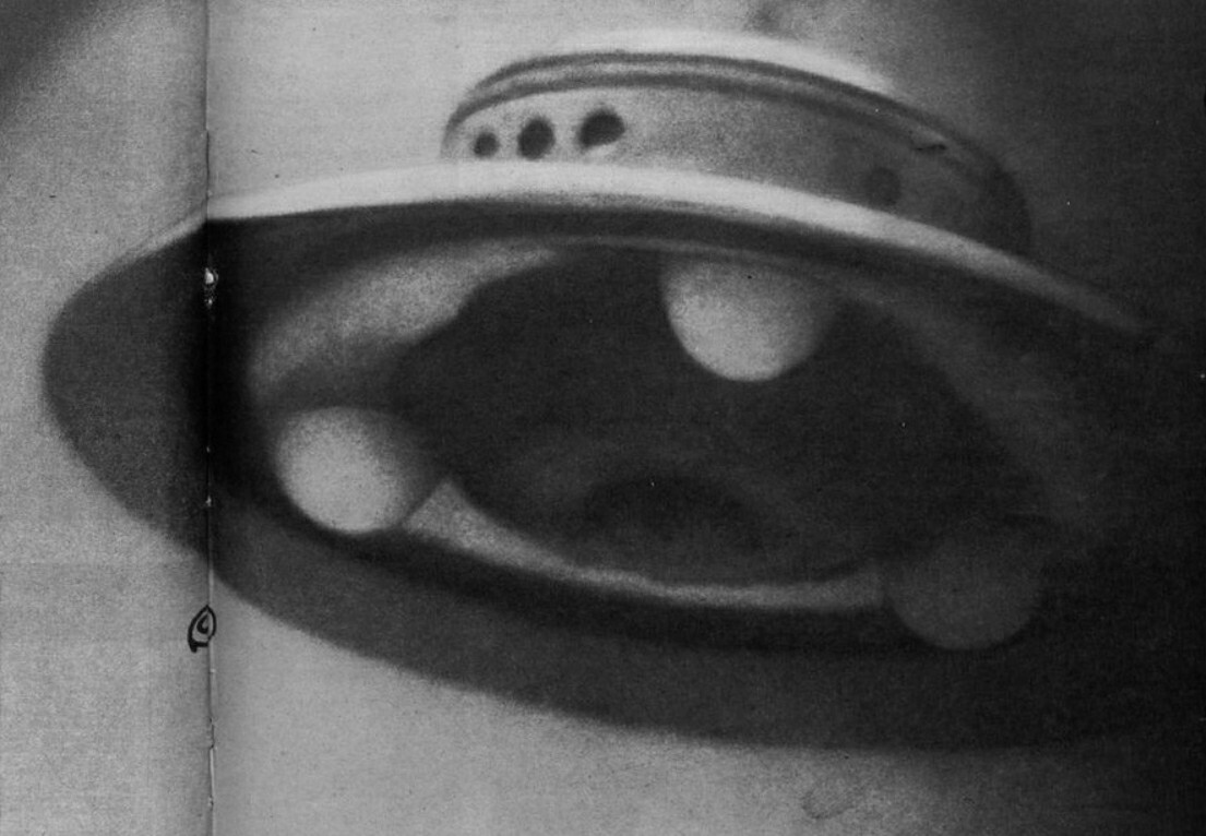 Adamski's infamous "chicken brooder" photograph, which he claimed to be of a UFO, taken on 13 December 1952. However, German scientist Walther Johannes Riedel said this photo was faked using a surgical lamp and that the landing struts were General Electric light bulbs.