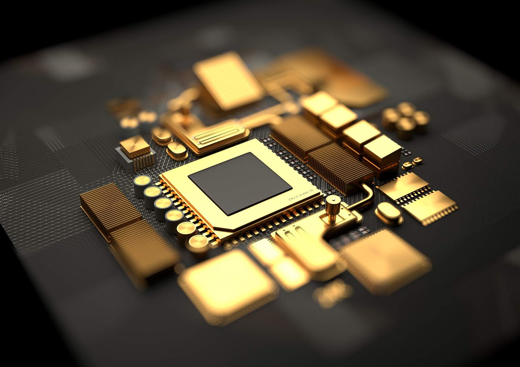 O imagine conceptuală a componentelor procesorului și chipset-ului plăcii de bază realizate din aur. © Credit imagine: Solarseven | Licențiat de la DreamsTime.com (fotografia de stoc pentru utilizare editorială/comercială)