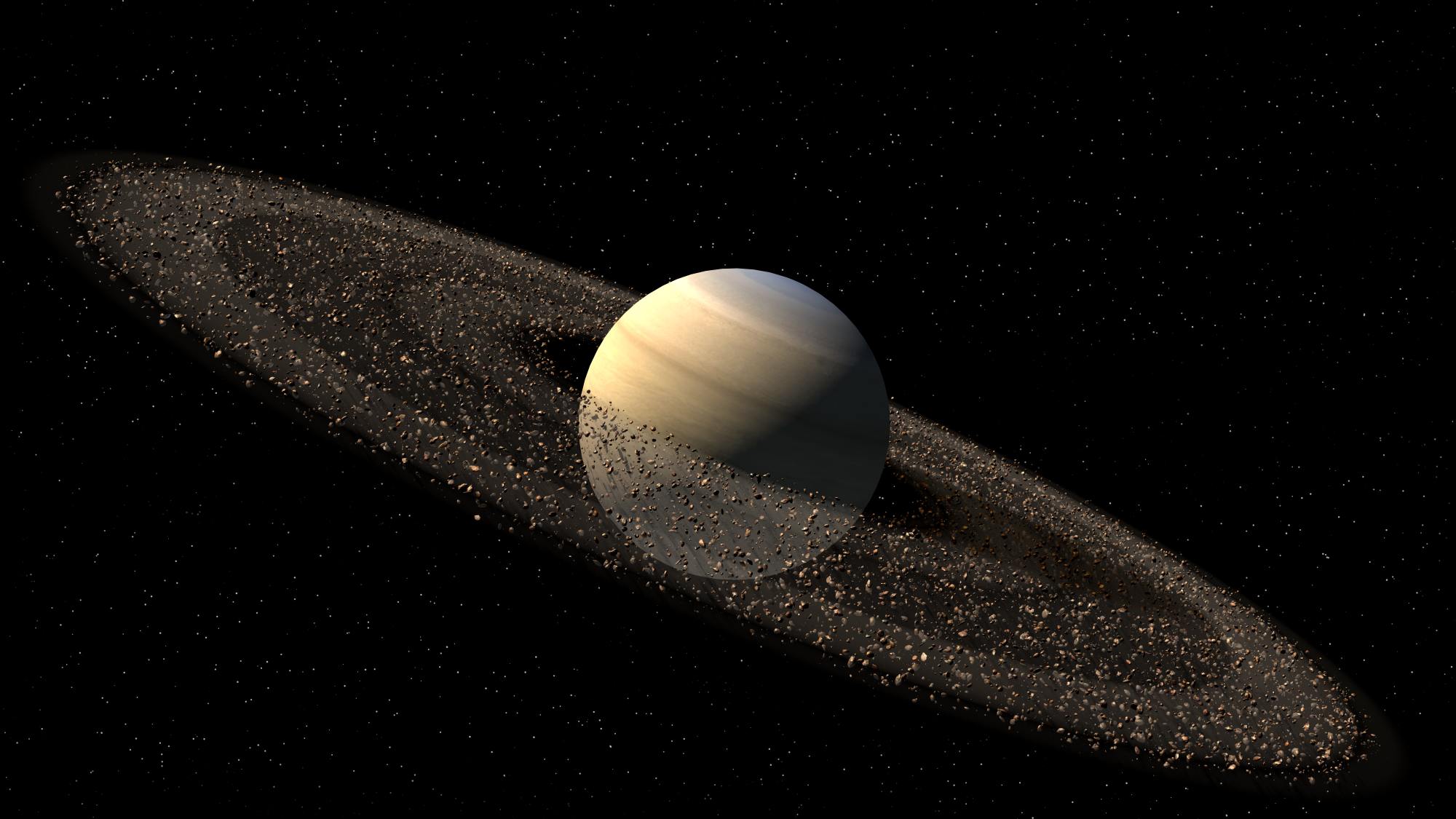Asteroid halqaları olan Saturn planetinin təsviri. ©