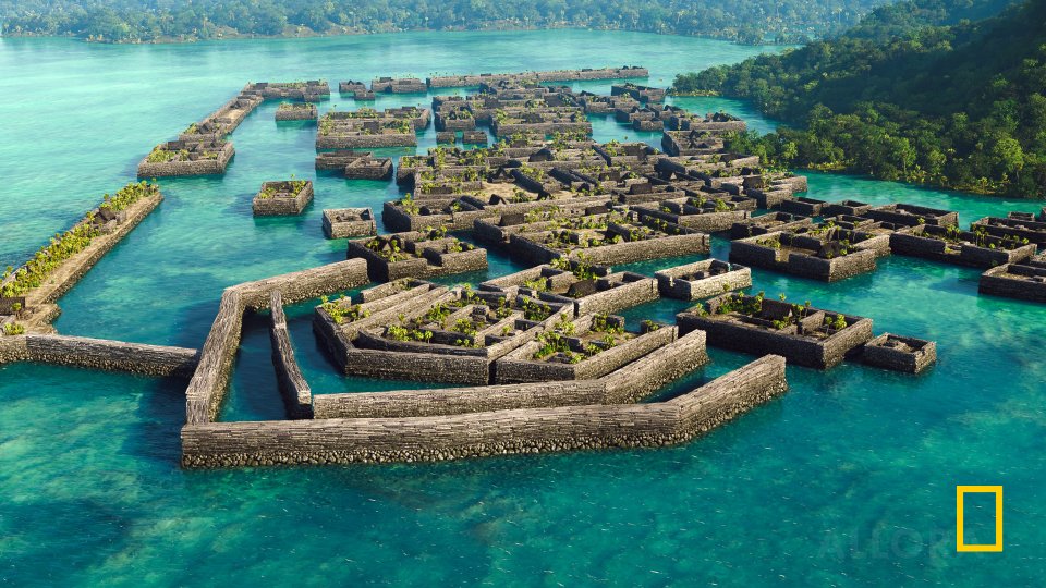Una ricostruzione digitale di Nan Madol, una città fortificata governata dalla dinastia Saudeleur fino al 1628 d.C. Situato sull'isola di Pohnpei, in Micronesia.