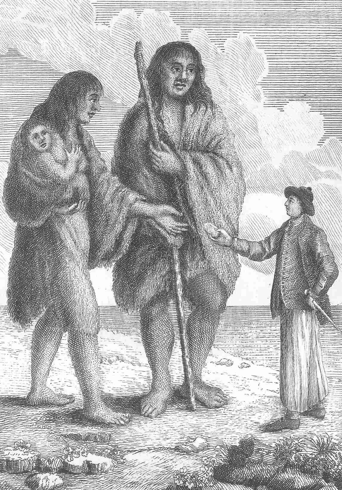 Engelse zeeman die brood aanbiedt aan een Patagonische vrouwenreus. John Byron's Een reis om de wereld in het schip van Zijne Majesteit de Dolfijn © Image Credit: Rare Books Division