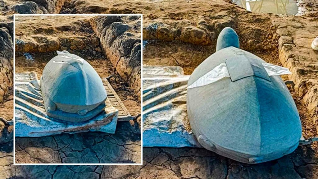 Une tortue en pierre sculptée découverte sur le site du réservoir d'Angkor 4