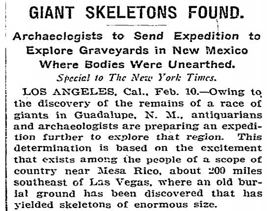 뉴멕시코에서 발견된 거대한 "거대한 크기의 해골" – 1902년 New York Times 기사 2
