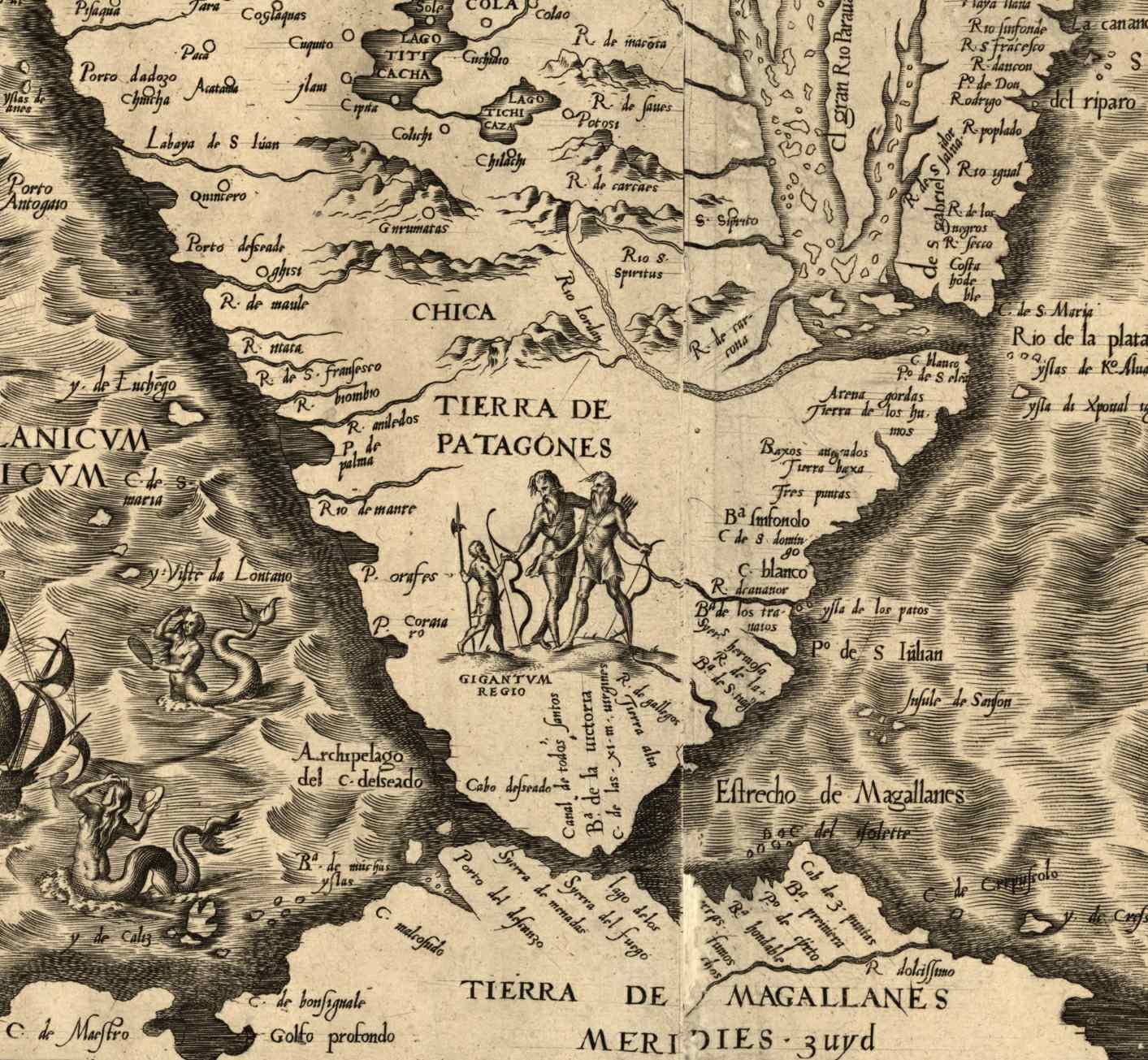 Карта на Диего Гутиерес от 1562 г., показваща патагонските гиганти и някои русалки, играещи фризби, очевидно.