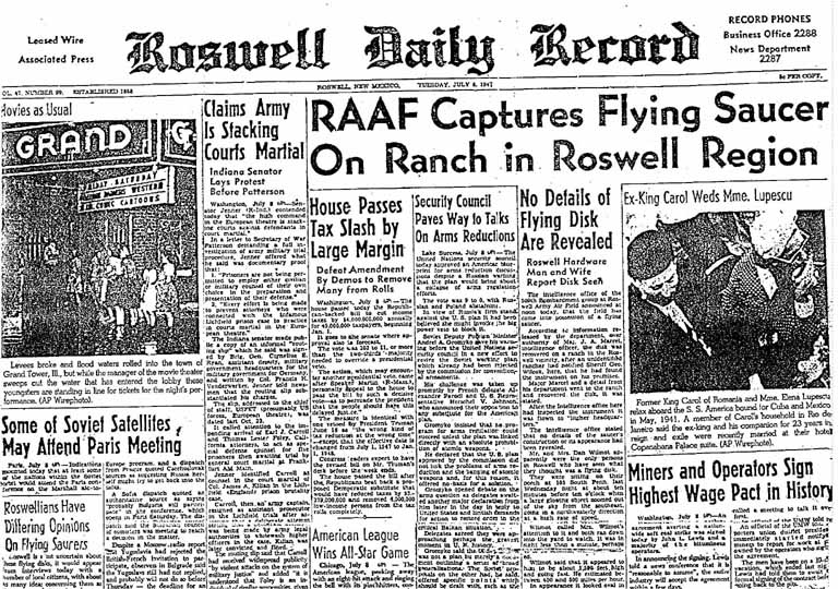 Roswell Daily Record o 9 Gorffennaf, 1947 yn manylu ar ddigwyddiad UFO Roswell.