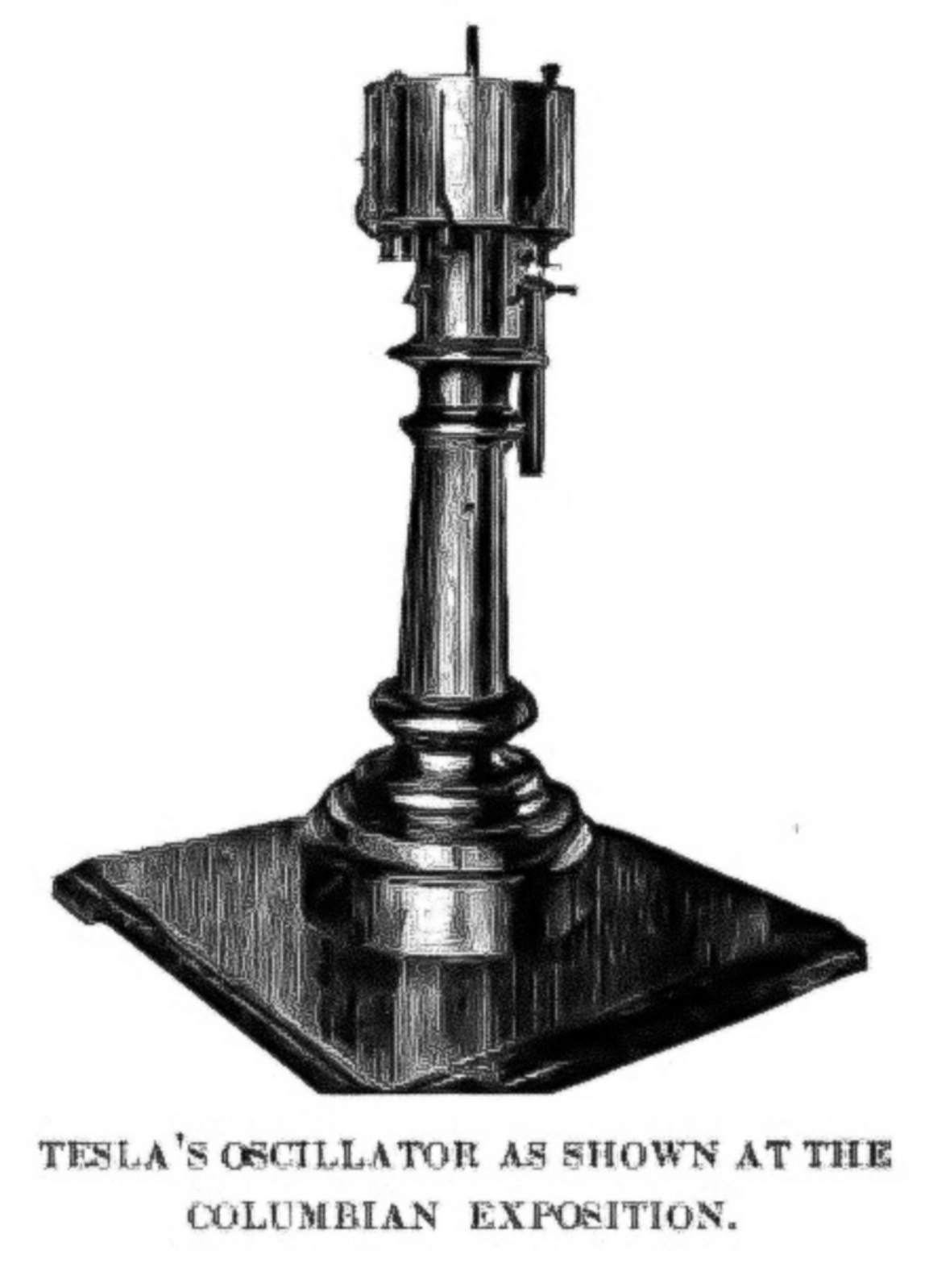 Teslas elektromechanischer Oszillator, ein dampfbetriebener elektrischer Generator, der 1893 von Nikola Tesla patentiert wurde.