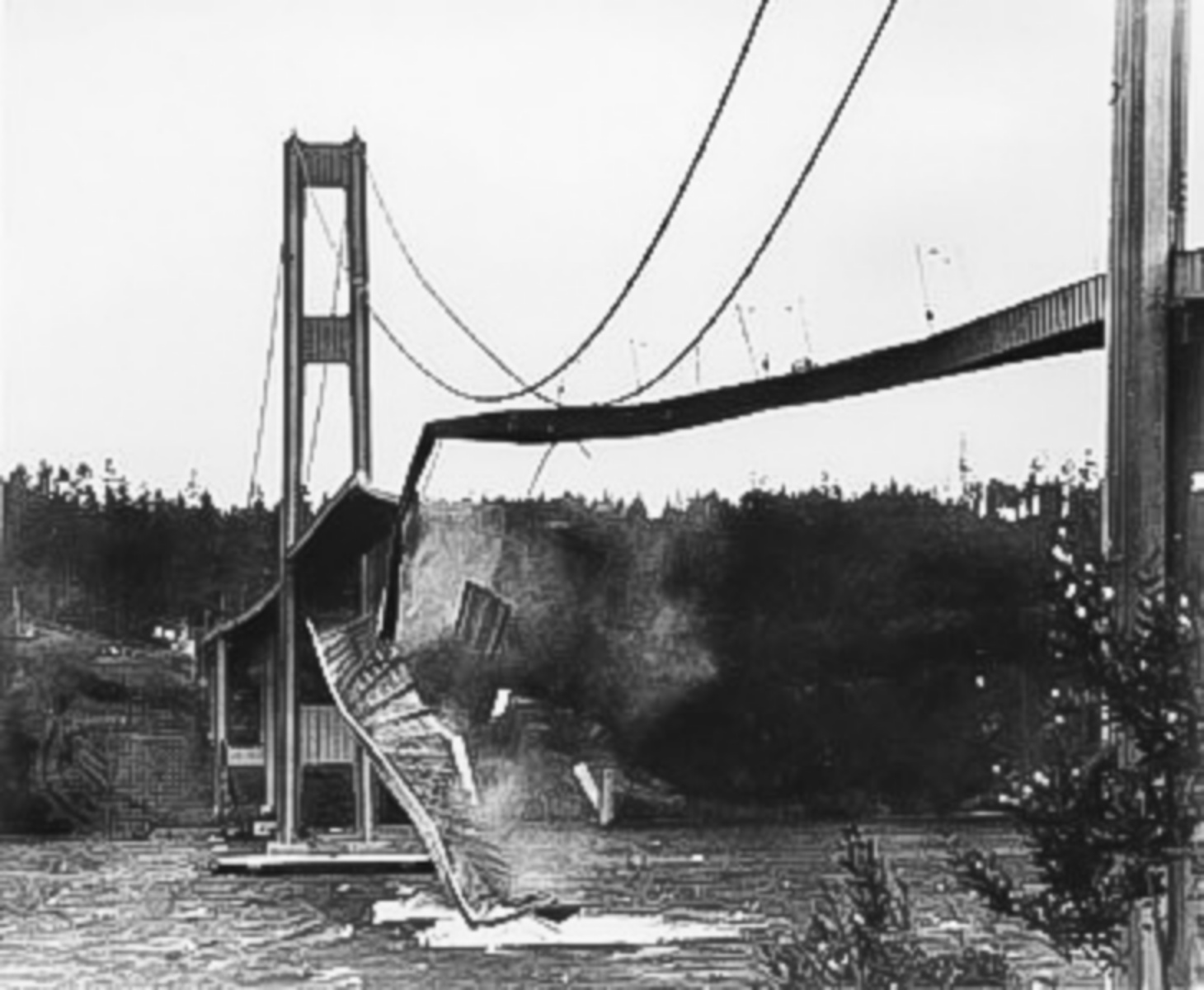Zřícení mostu Tacoma Narrows Bridge 7. listopadu 1940.