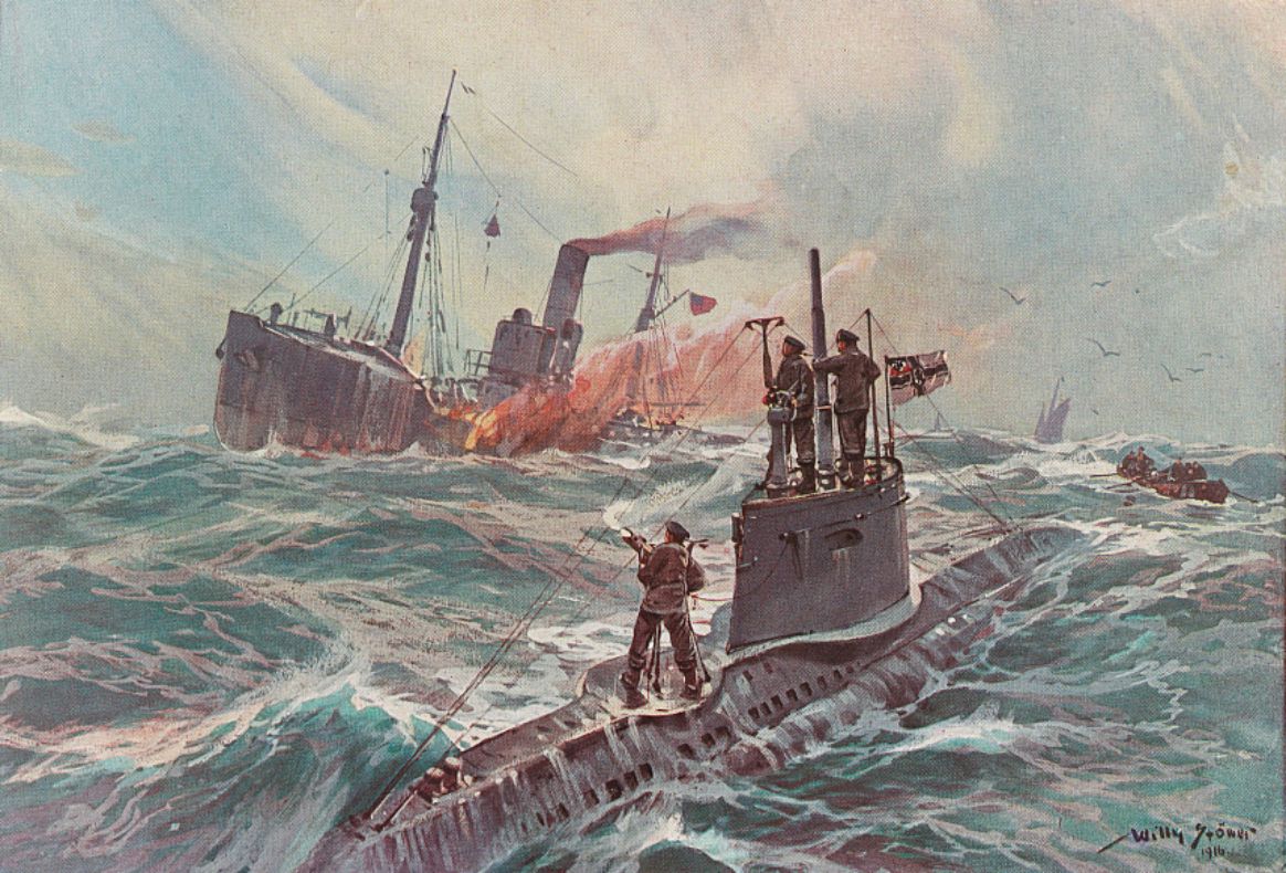 Niemiecki okręt podwodny zatapia statek sprzymierzony, autor: Willy Stöwer, 1916 © Biblioteka Kongresu