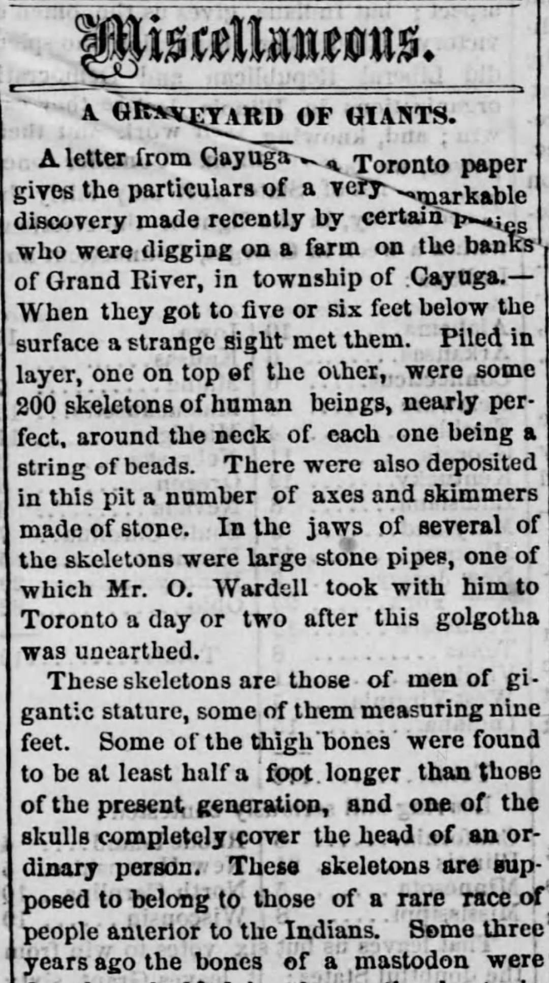 200 alte "Riesen"-Skelette in Cayuga, Kanada, ausgegraben 1