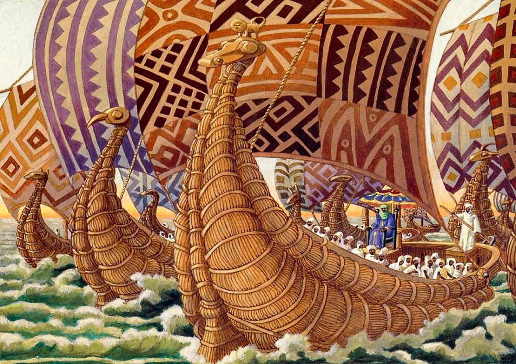 Vaizduojamas – Abu Bakari II plaukiantis į Vakarus su savo didžiuliu laivynu per Atlantą.