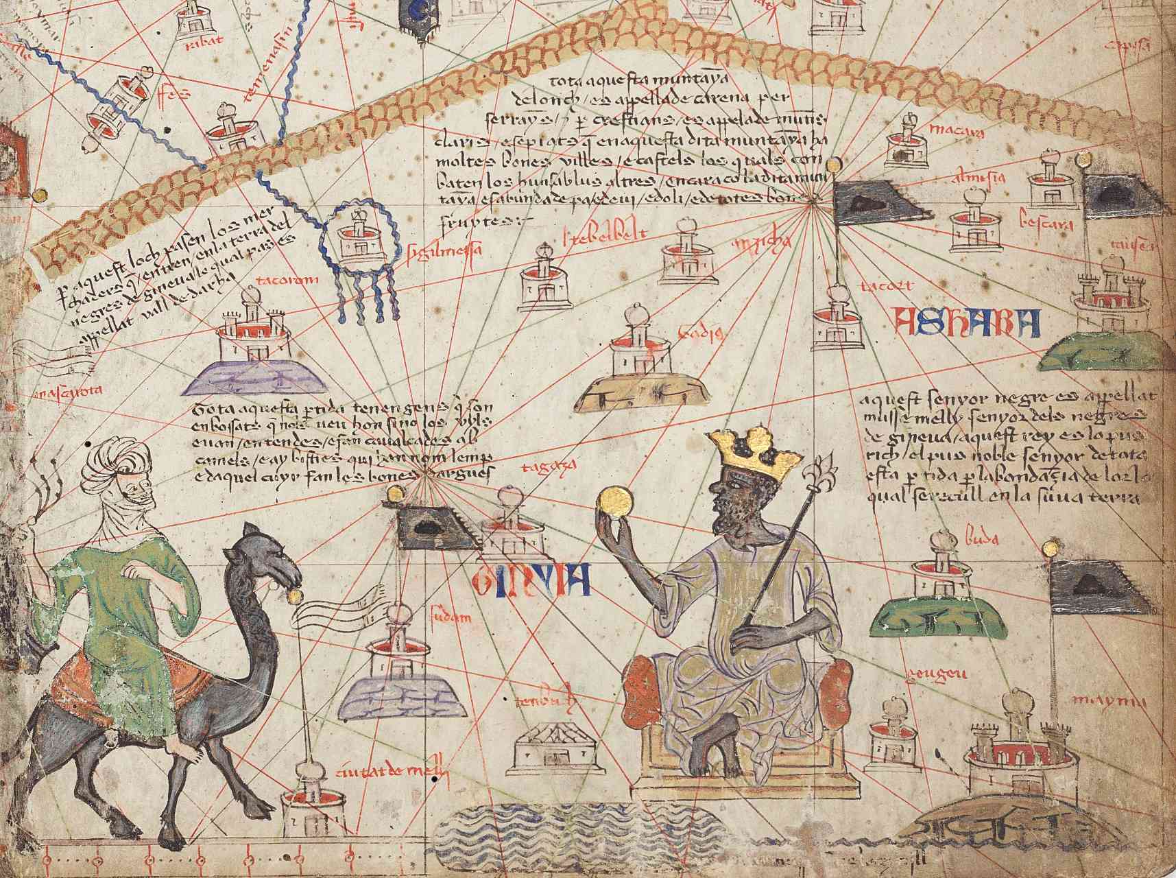 Detalle de la Hoja 6 del Atlas Catalán que muestra el Sáhara Occidental. Las montañas del Atlas están en la parte superior y el río Níger en la parte inferior. Mansa Musa se muestra sentada en un trono y sosteniendo una moneda de oro.