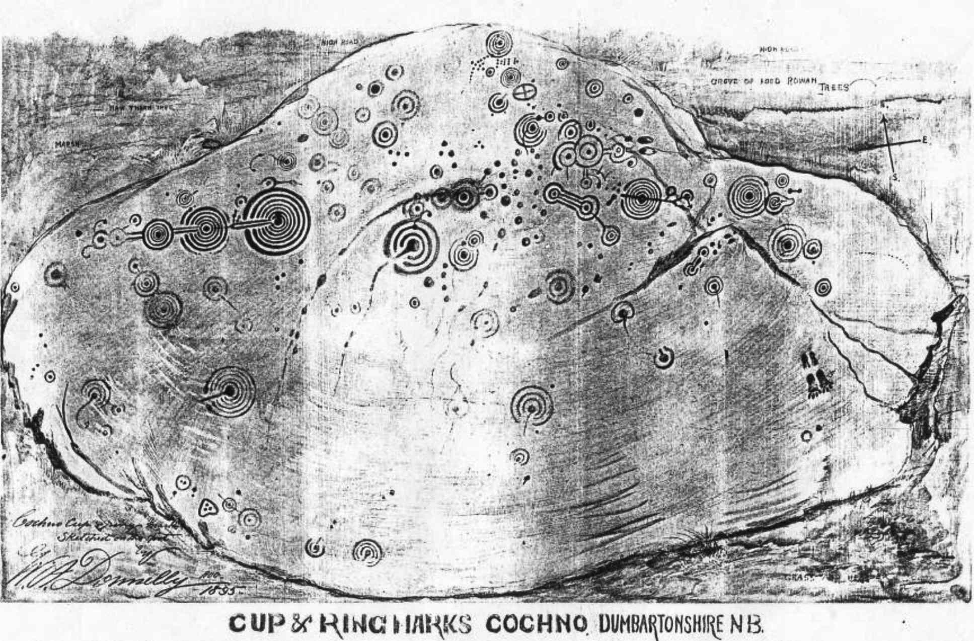 1895 年の WA Donnelly による Cochno Stone のスケッチ