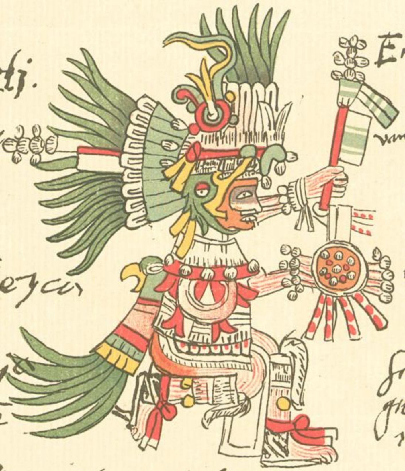 Representation of the Aztec (Mexica) god Huitzilopochtli, from the recto of the folio 5 of the Codex Telleriano-Remensis (16th century).