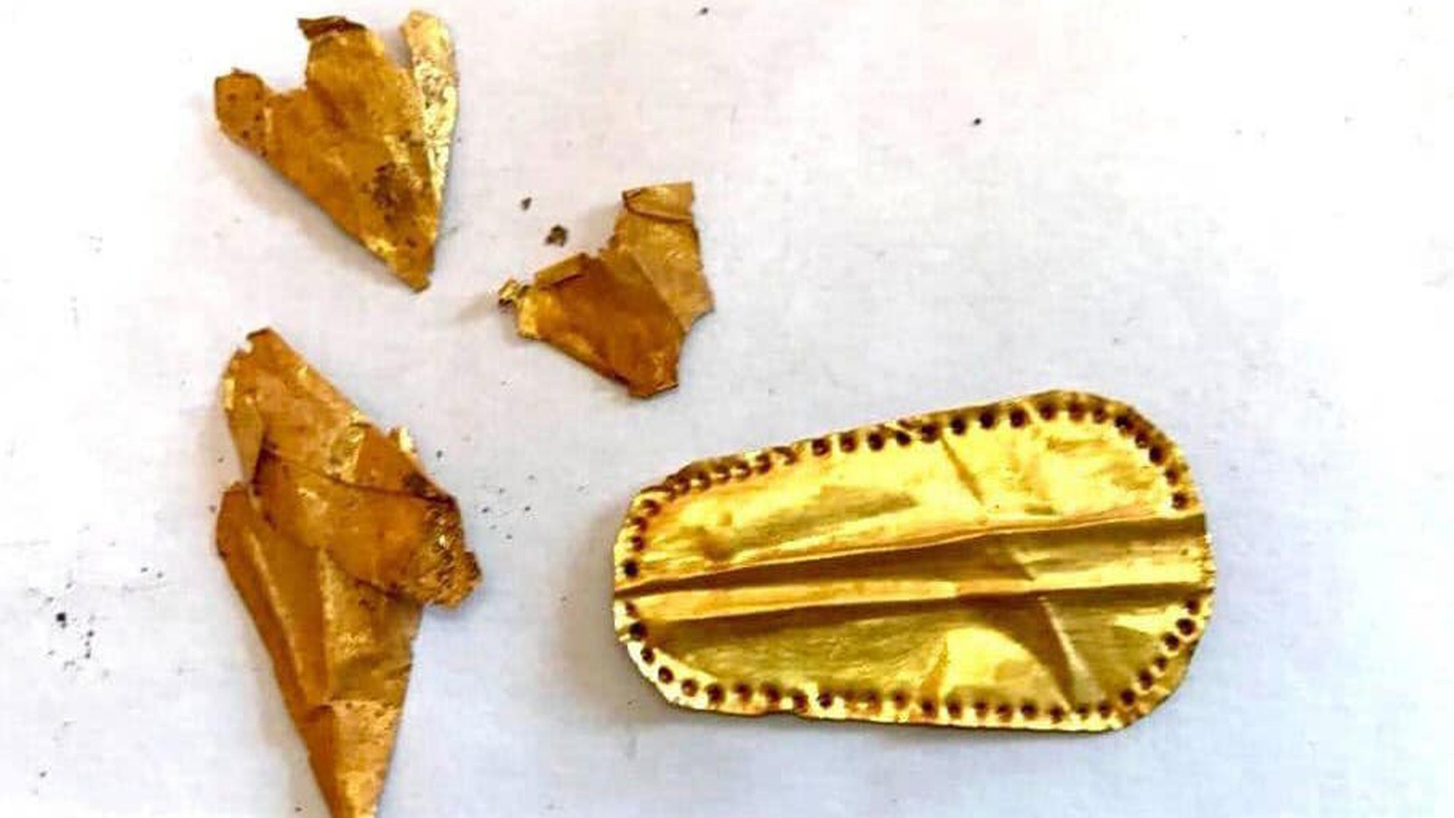 注釈付きの画像は、エジプトのケワイスナ墓地遺跡で発見された金の舌を示しています。