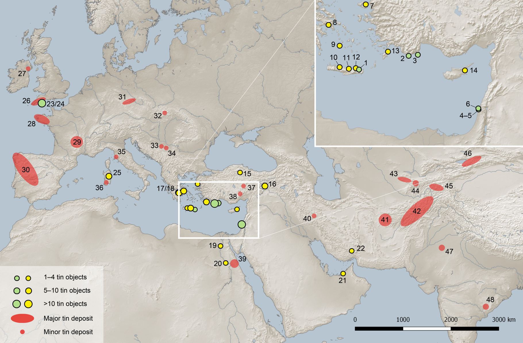 Tin deposits on the Eurasian continent and distribution of tin finds in the area studied dating from 2500-1000 BCE. The arrow does not indicate the actual trade route but merely illustrates the assumed origin of the Israeli tin based on the data.