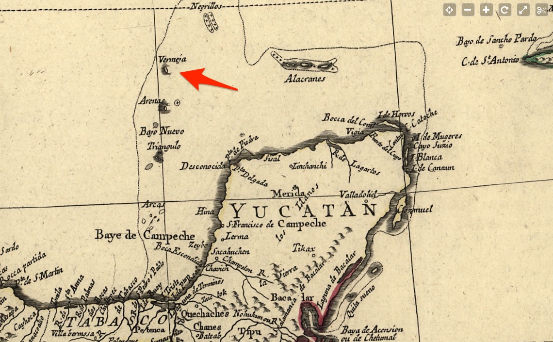 Bermeja (rood omcirkeld) op een kaart uit 1779. © Carte du Mexique et de la Nouvelle Espagne: contenant la partie australe de l'Amérique Septentle (LOC)