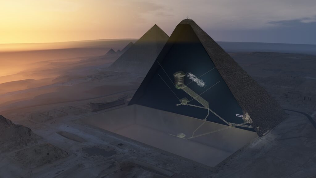 O vedere aeriană 3D a Marii Piramide din Giza, care arată camerele din interior