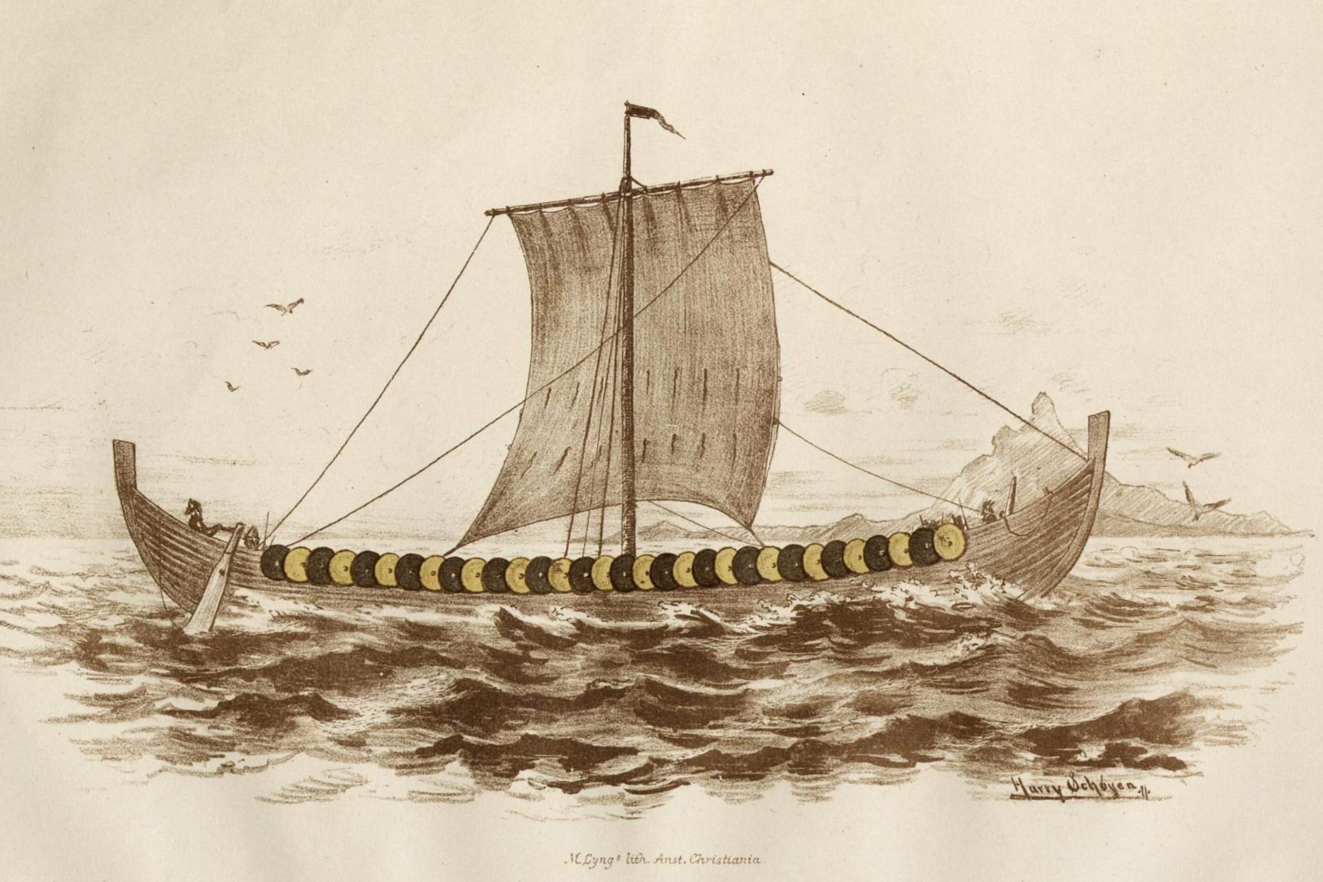 Un dessin reconstituant du long navire de Gokstad de la publication de Nicolaysen en 1882. Dessin de Harry Schøyen.