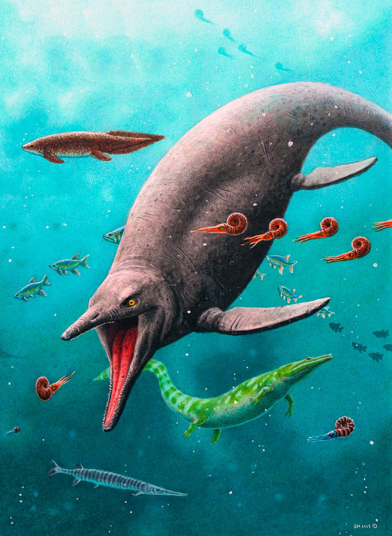 Ricostruzione del primo ittiosauro e dell'ecosistema di 250 milioni di anni trovato a Spitsbergen.