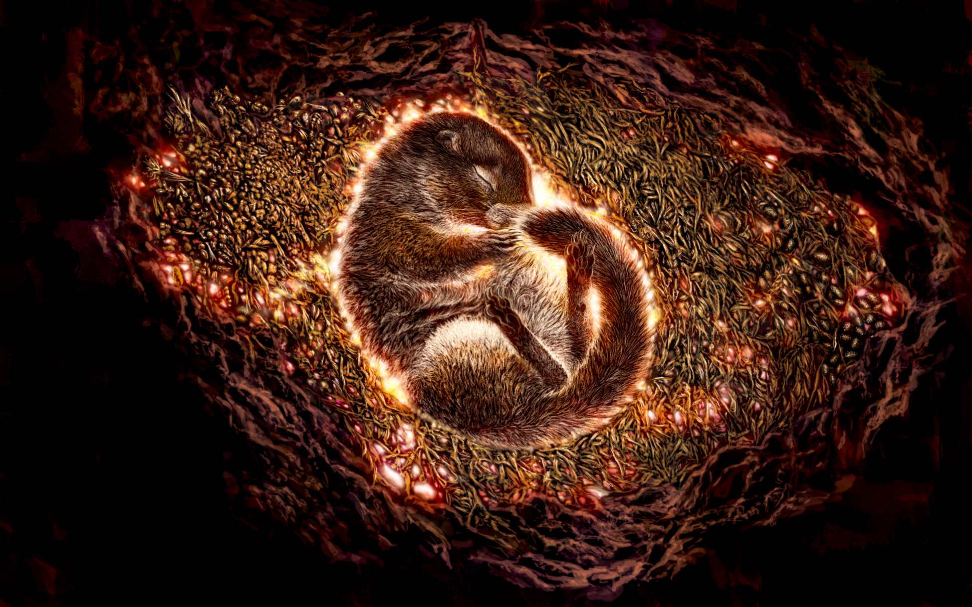 Une illustration de l'écureuil terrestre momifié recroquevillé dans son terrier pendant l'hibernation.