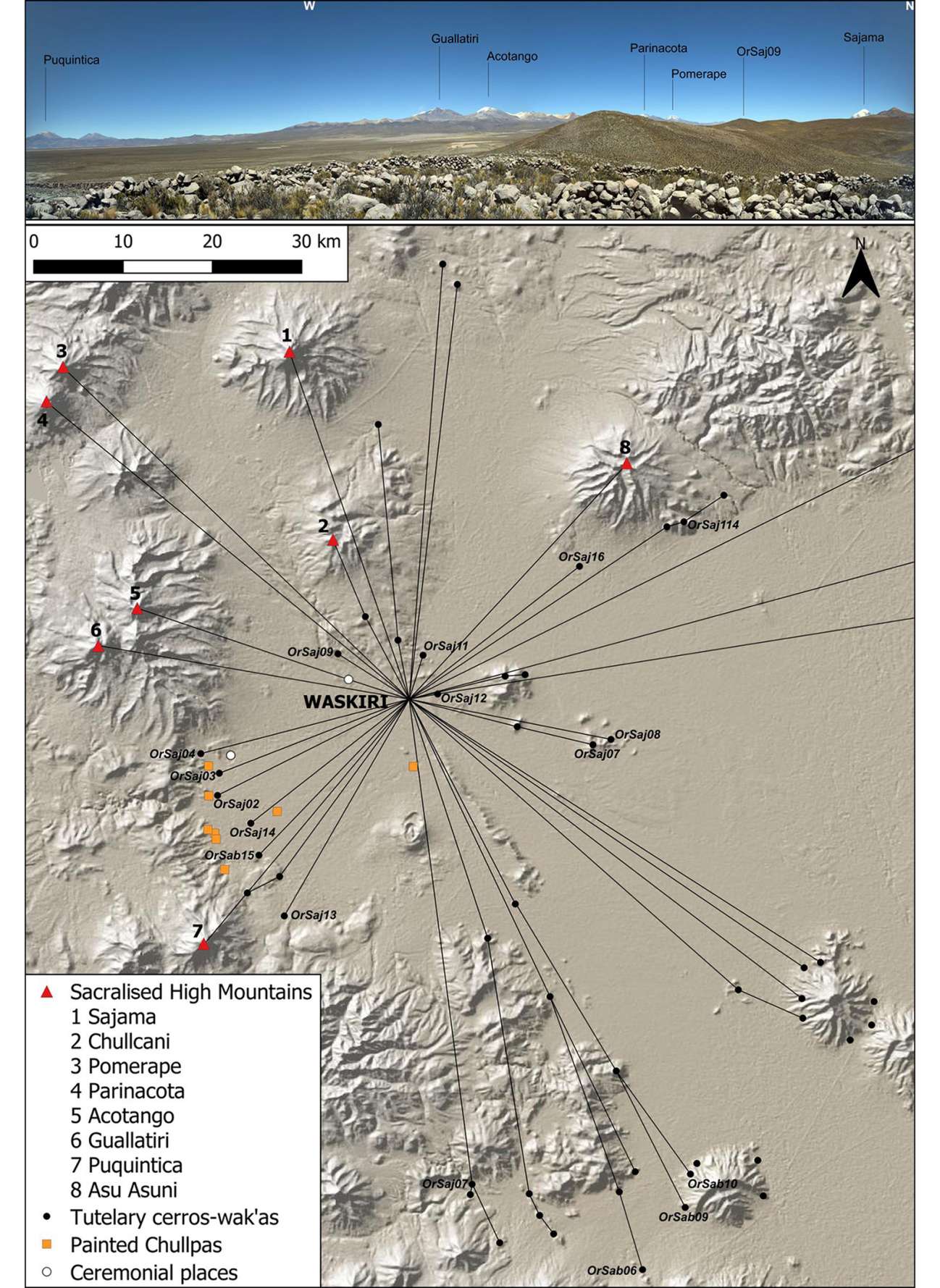 Поглед од Васкири, покажувајќи ги силуетите на главните свети планини во регионот (врвот); дистрибуција на свети места околу Васкири (долу).