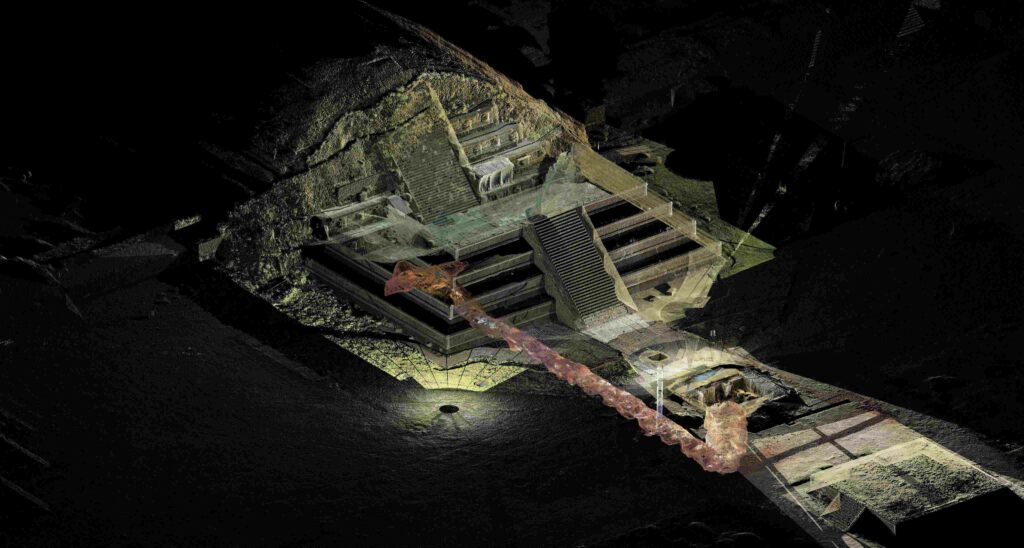 Il rendering 3D del Tempio Quetzacoátl nell'antica città di Teotihuacán che mostra tunnel e camere sotterranee segrete. © Istituto Nazionale di Antropologia e Storia (INAH)