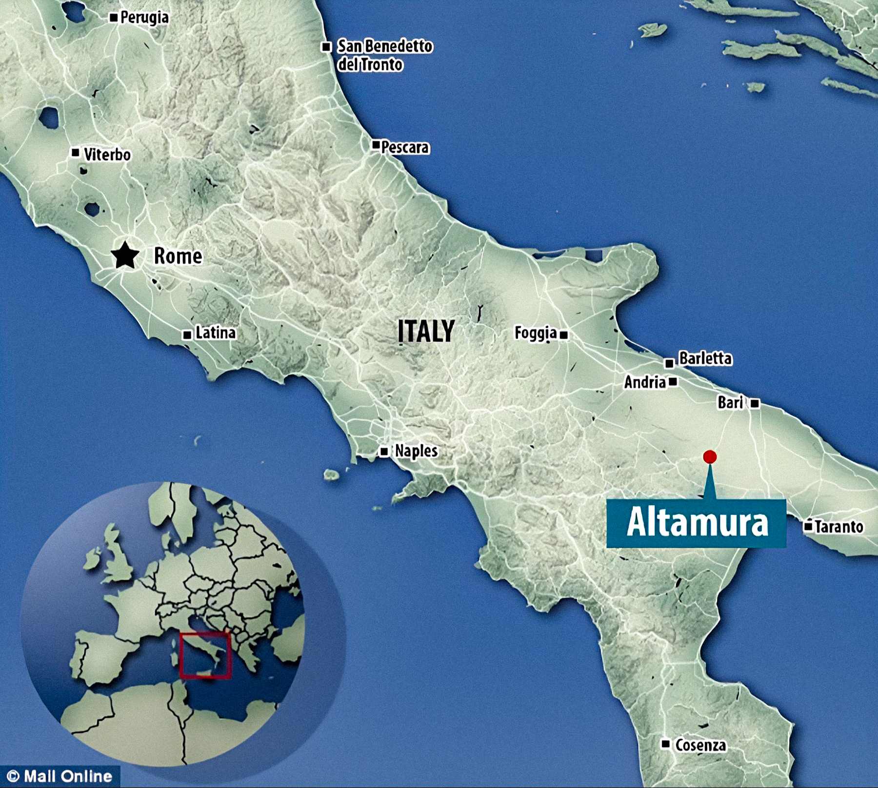 Eşsiz bir şekilde korunmuş Neandertal iskeletinin bulunduğu Lamalunga mağarasının konumu, İtalya'nın Altamura kentine yakındır. Resim Kredisi: DailyMail