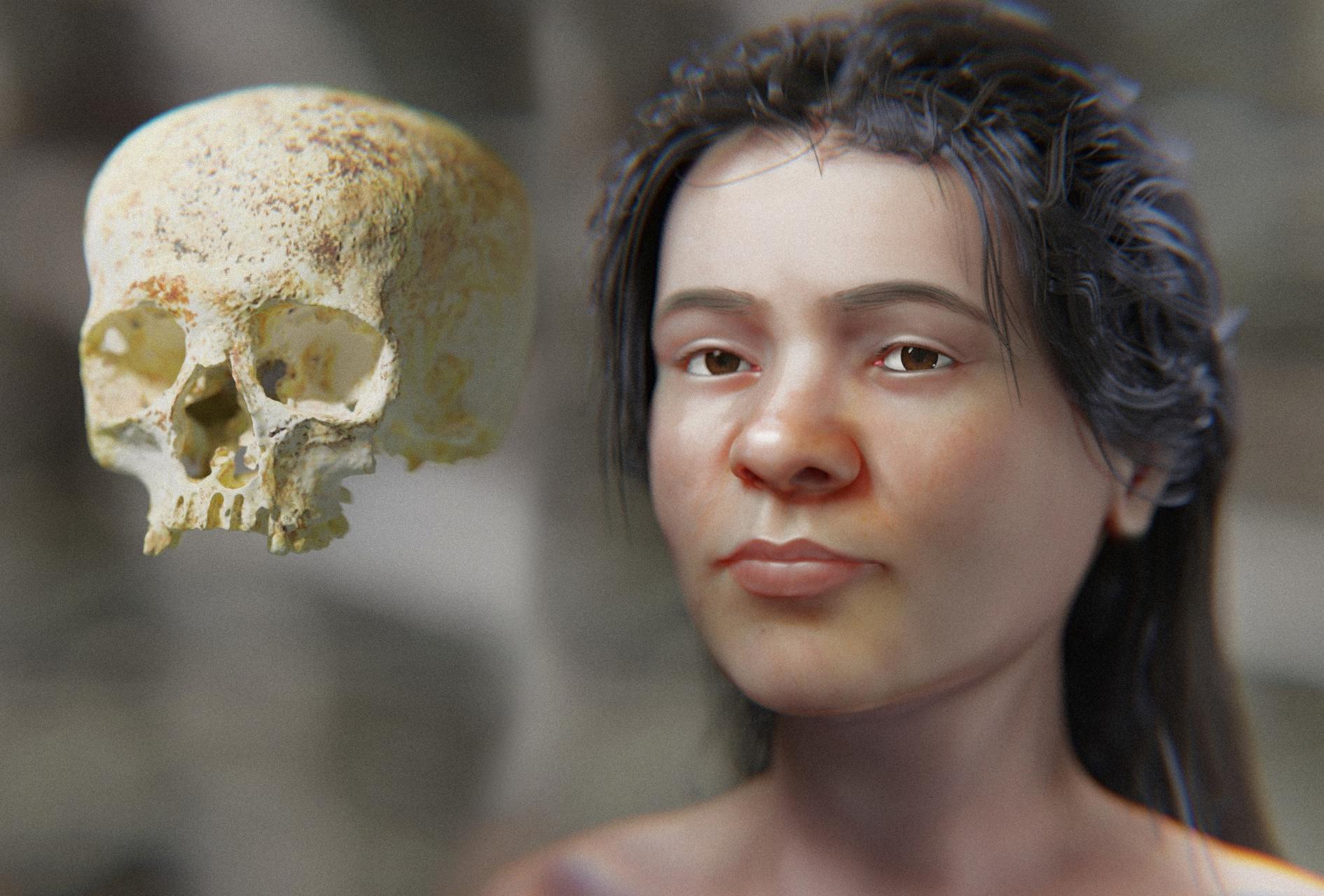 科学家利用头骨扫描创建了青铜时代女性的面部表征。 这幅图像被认为是她 3,800 年前的样子的精确复制品。 青铜时代女性的面部近似。