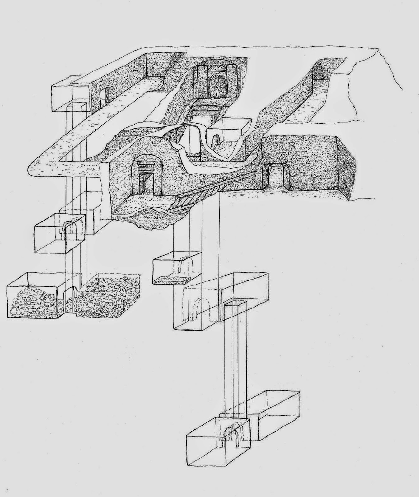 Sketch showing the outline of the tomb of Osiris. Drawing of the tomb's architecture made by Raffaella Carrera, MinProject (Archaeological Mission Canaria-Toscana).